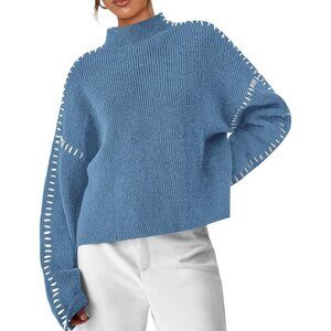 Prettygarden Women's Blue Fall Long Sleeve Mock Neck Oversized Chunky Sweaters